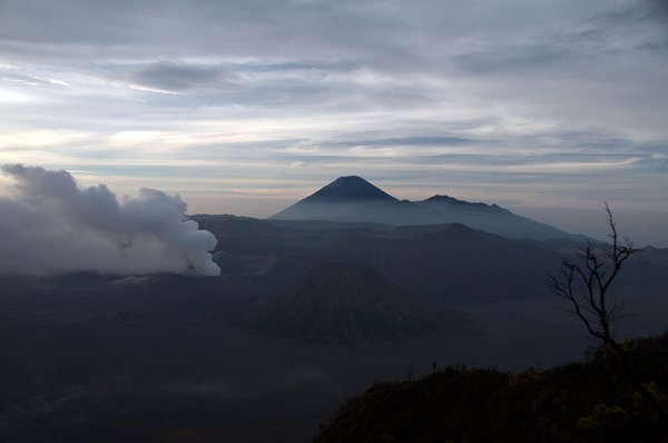 Semeru in the distance, Bromo smoking in the foreground