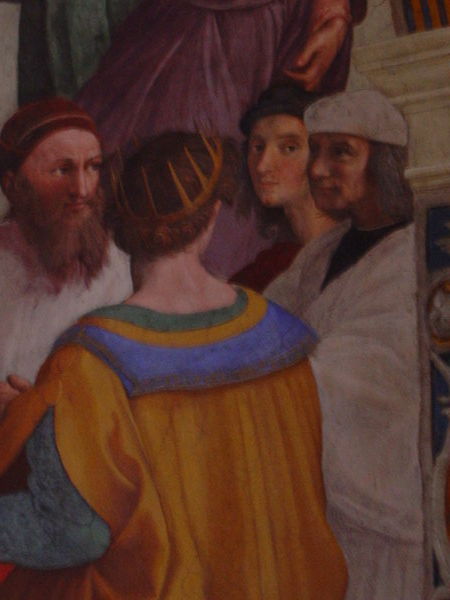 Raphael looking out of School Of Athens
