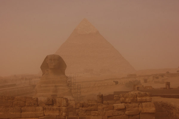 A Classic View of Giza.... Slightly Obscured by a Sand Storm