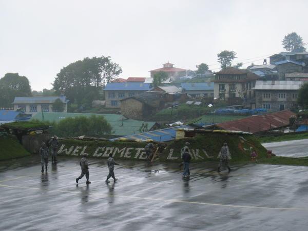 Soldiers drilling at Lukla airport