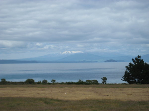 Lake Taupo and snow-capped mountain in the distance