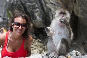 feeding monkeys on a beach!