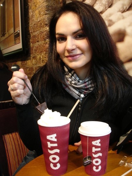 Melinda enjoying hot chocolate