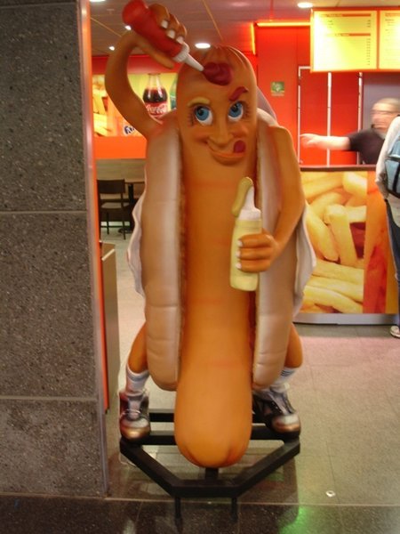 Freaky hotdog mascot