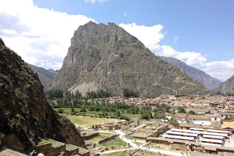 A view of Ollantaytambo and grain storages perched on the steep side of the mountain opposite 