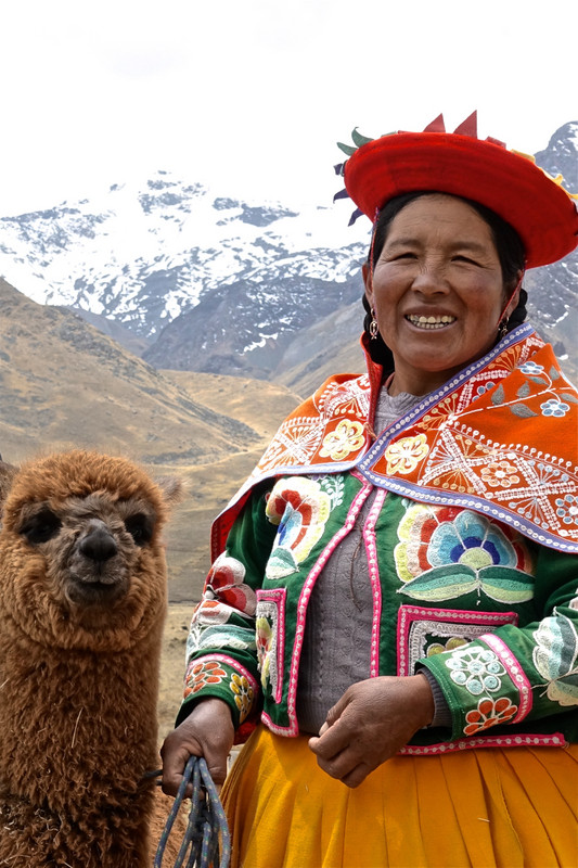 A smiling Peruvian woman and her Alpaca at 14,222.44 feet elevation in Peru 