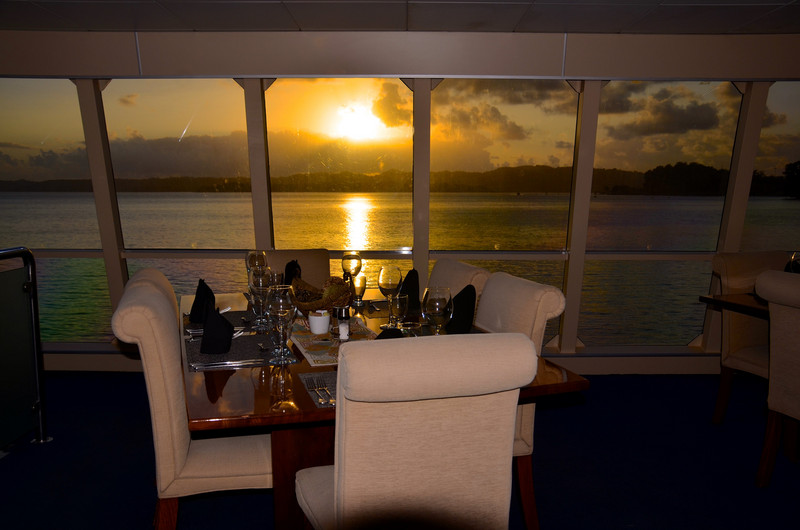 Sunset from the dining room of our ship