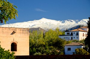Snow capped mountains near the Alhambra, Generalife Palace 