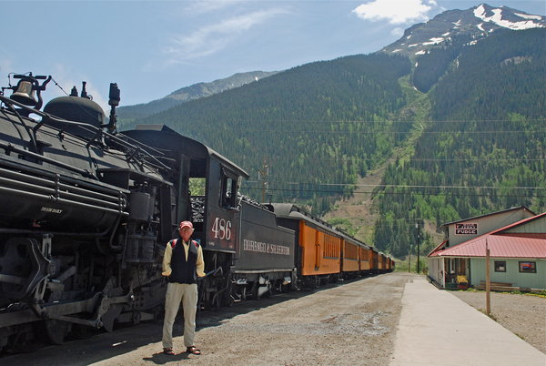 Arrival: Silverton. Dave inspects the train.