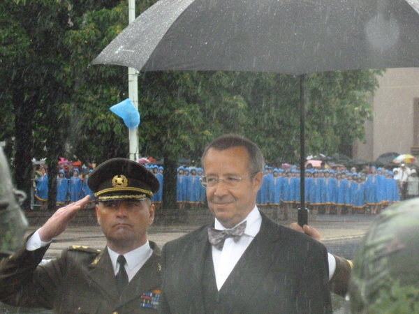 Toomas Hendrik Ilves, President of Estonia on right inspecting the troops