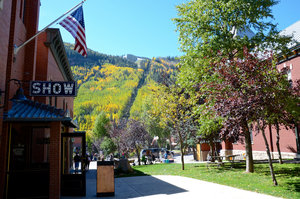 View to Town Park in Telluride with the gondola to Mountain Village in the background.