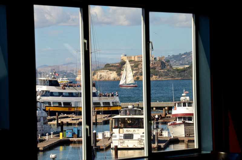 The view of Alcatraz from Fog Harbor Fish House.