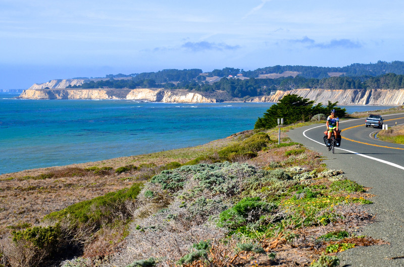 Cyclist sharing the road on Highway 1, the Sonoma Coast.