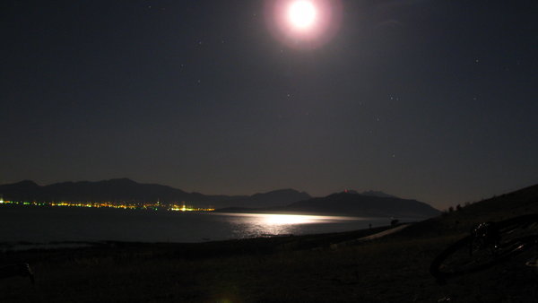 Night shot of Utah Lake and the Moon.
