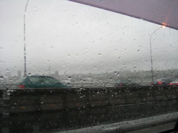 Crossing the bridge in the rain