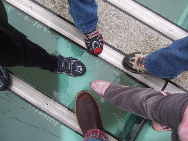 our feet on the glass floor of Sundial Bridge