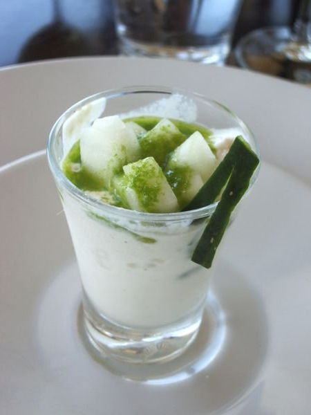 Ricotta Ice Cream with Cucumber Dices and Green Oil