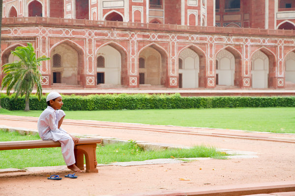 Young boy in front of Humayun's Tomb