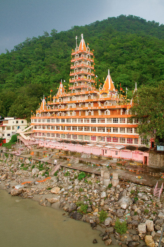 View of an ashram from the Lakshman Jhula Bridge