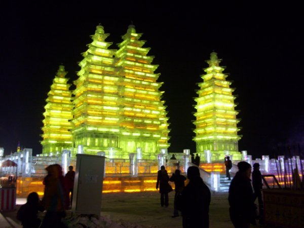 Gold illuminated Ice-Pagodas impress the visitors.