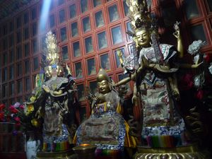 One thousand gilded bronze statues of Tsong Khapa and volumes of scriptures are enshrined against the wall, behind the gilded statuary.