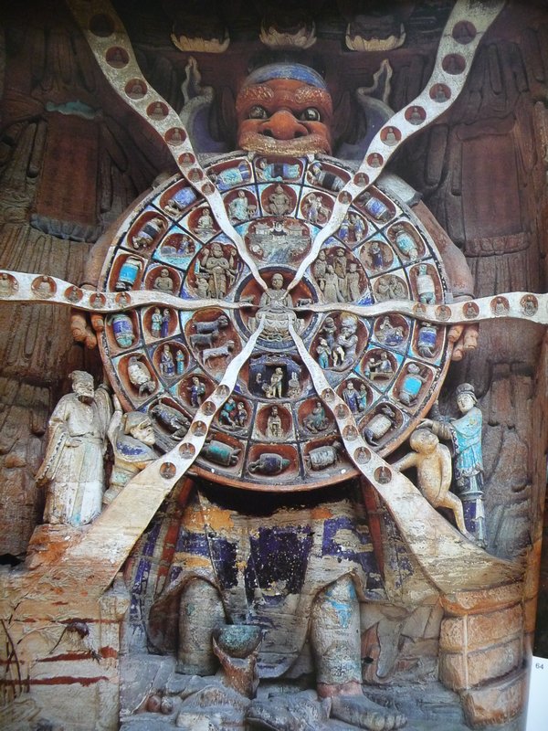 The Wheel of Transmigration, is held by a giant, toothy demon, depicting the possible states of reincarnation.