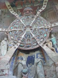 A giant, toothy demon holds a segmented disc, known as the Wheel of Transmigration or Wheel of Life. The wheel depicts the possible states of reincarnation, from Buddhahood down to animals and ghosts.