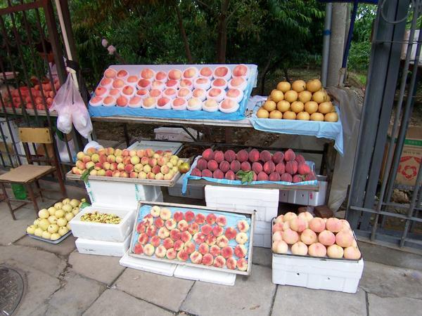  A variety of peaches are on display, harvested from the gardens surrounding the tombs.