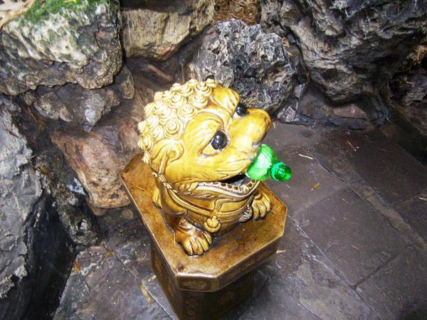 A lion will dispose of the modern waste left by pilgrims and visitors to the temple.
