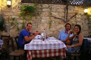 Andy with Athos and Iolie at Lofou Tavern in Lofou Village