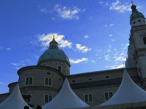 Gluh-vein (mulled wine) tents in front of some old building or other, Salzburg