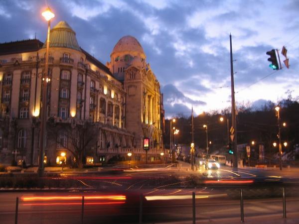 Traffic in front of the famous Gellert Baths, Budapest