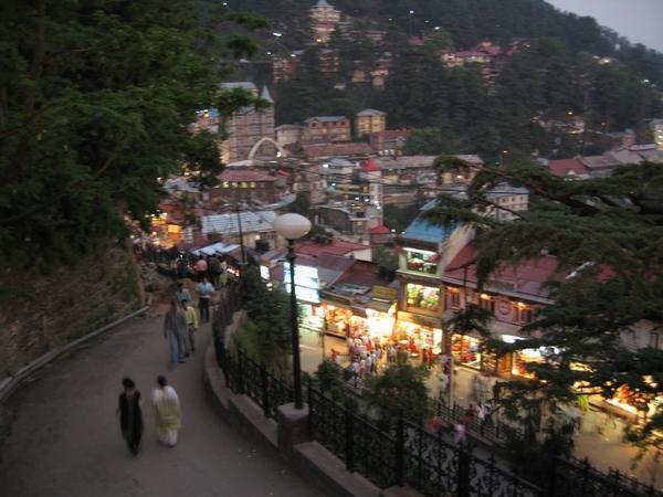 Looking down onto the brightly-lit Mall, Shimla's central street