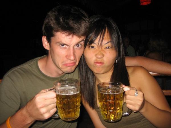 Jen & I pretending not to like Beer Lao =P