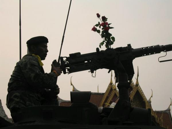 Soldier manning a flower-crowned tank turret