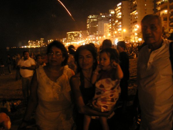 Family on the beach of fireworks 