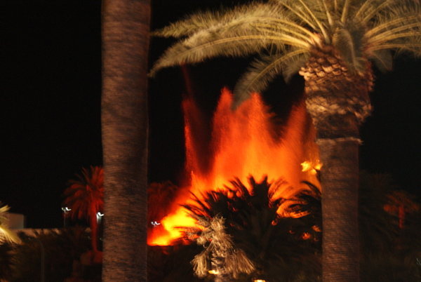 A fake volcano going off outside the mirage casino 