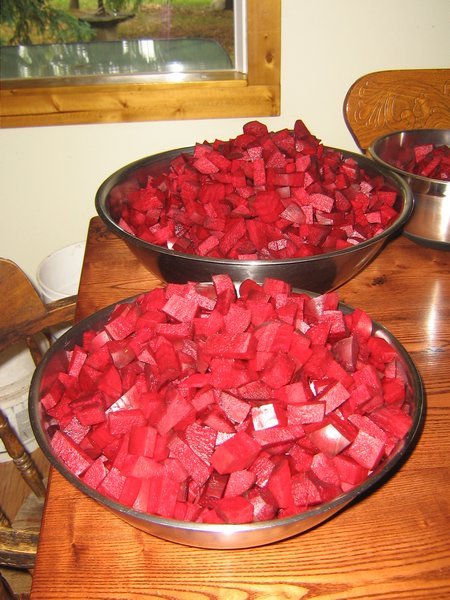 Three tons of beets, lovingly peeled and chopped by hand...