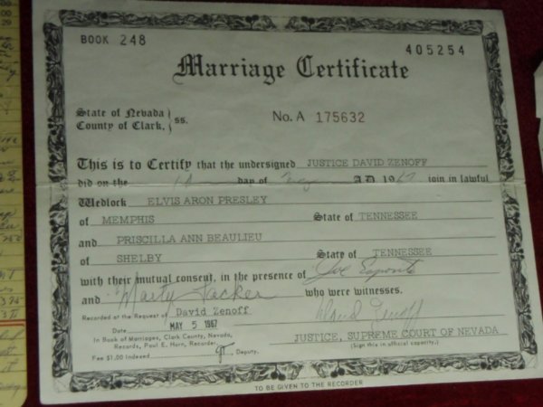 Elvis's Wedding Certifcate