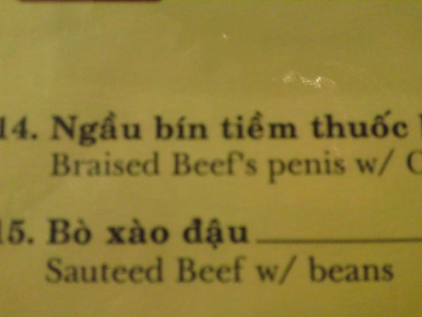 On the menu in a Danang restaurant