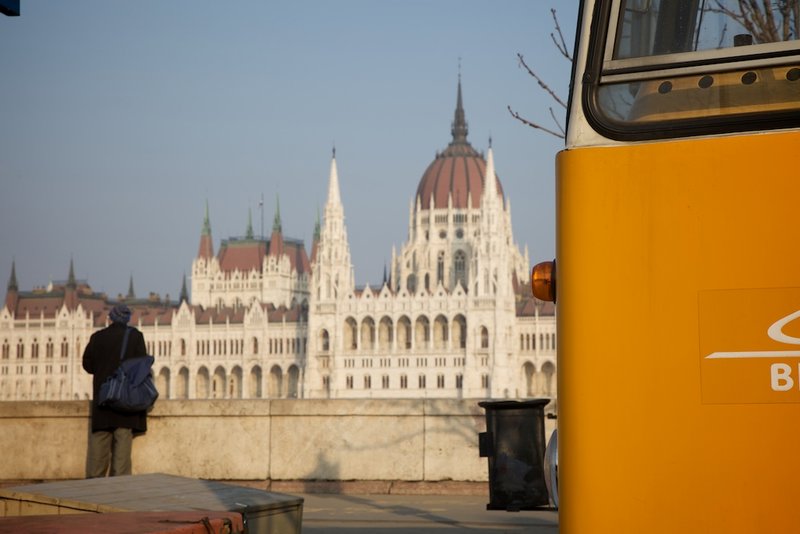 Tram in front of Parliament, Buda side