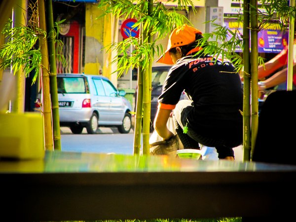 Back in Kuching, this girl's job was to "mow" the grass by picking it.