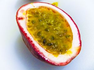 Inside of a passion fruit