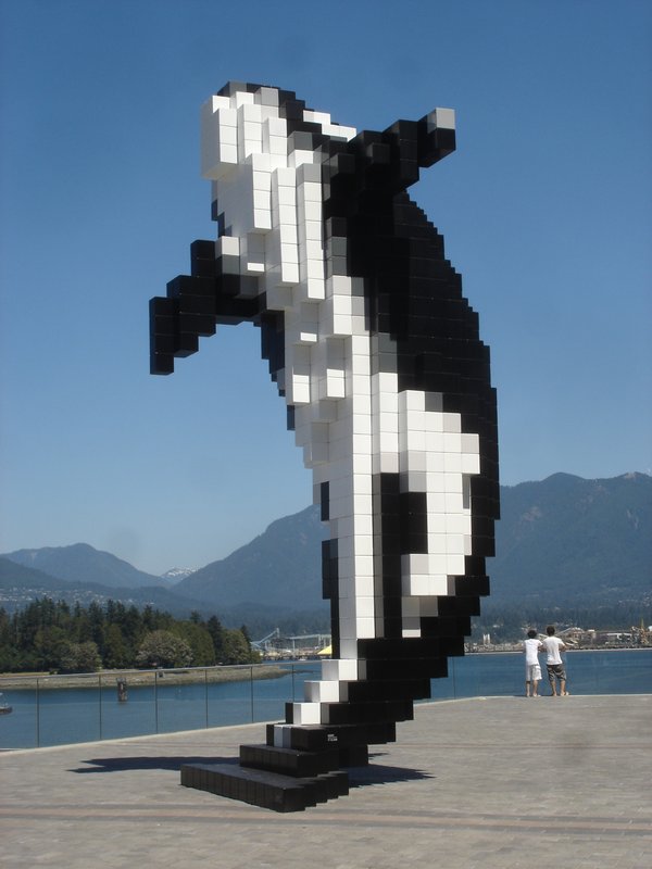 block sculpture of an Orca