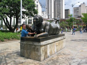 Fat people statues in Medellin plaza