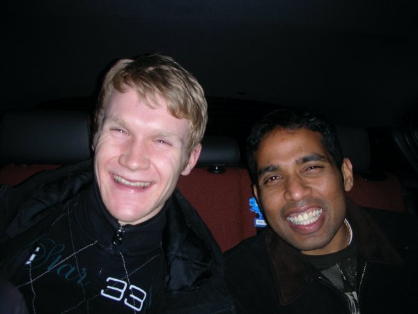 Vincent and Sujan in the car on the way to the club