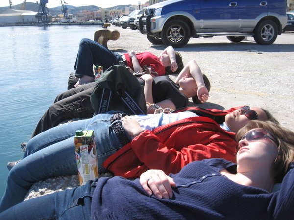 soaking up the sun along the waterfront
