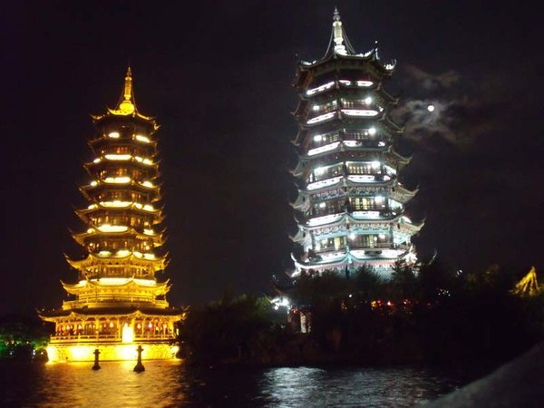 Sun and moon pagodas in Guilin. Note the moon next to the moon pagoda. How fitting.