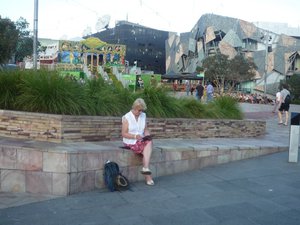 Lyn blogging in Melbourne Square