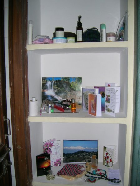 My special shelves. This is what makes where I am staying my home.